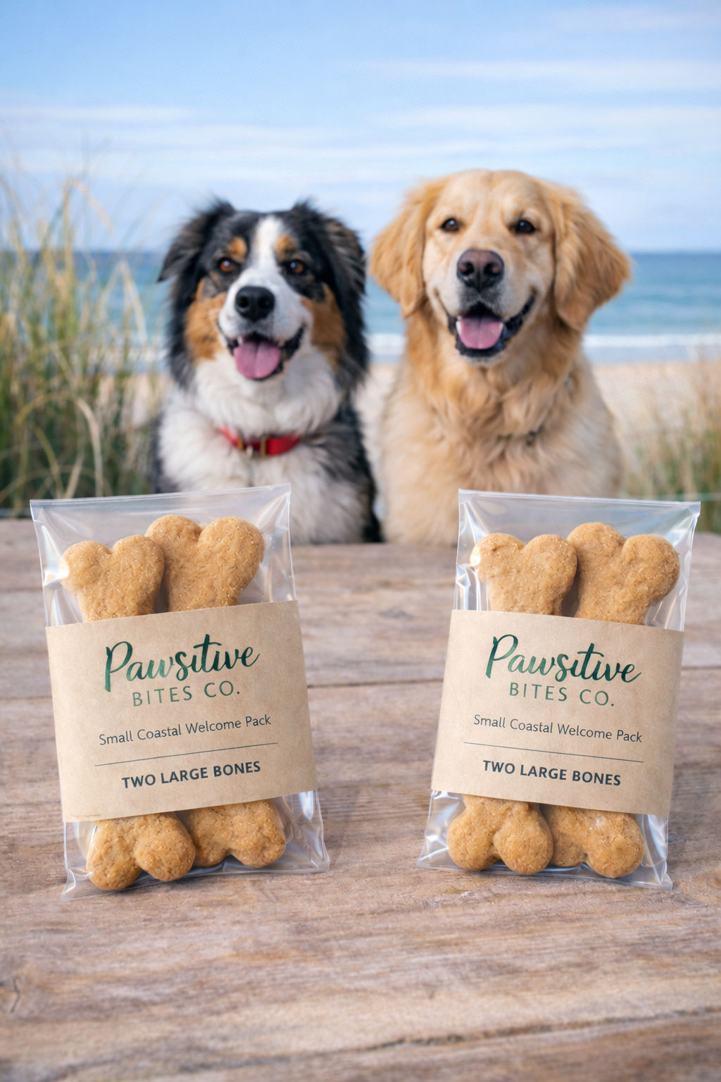 Two happy dogs at the beach with Pawsitive Bites Co. treats